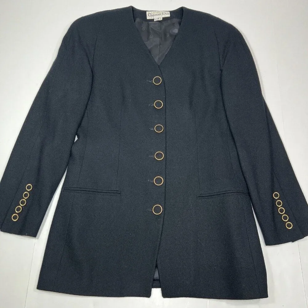 Vintage Christian Dior Suit 2 Pc Jacket & Wrap Skirt Black Size 8 100% Wool USA